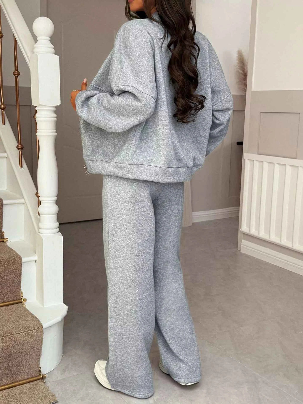 Casual Zipper Front Top and Wide Leg Pants Set