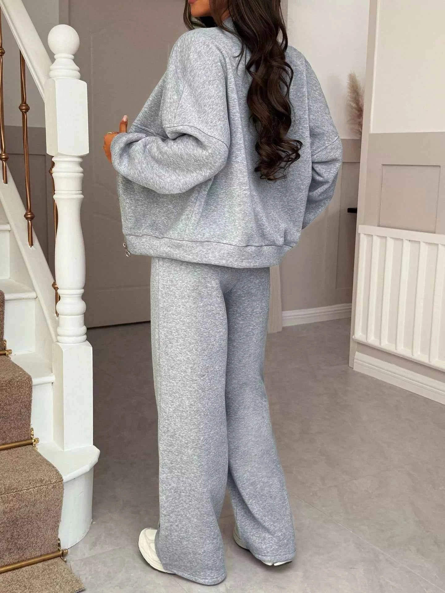 Casual Zipper Front Top and Wide Leg Pants Set