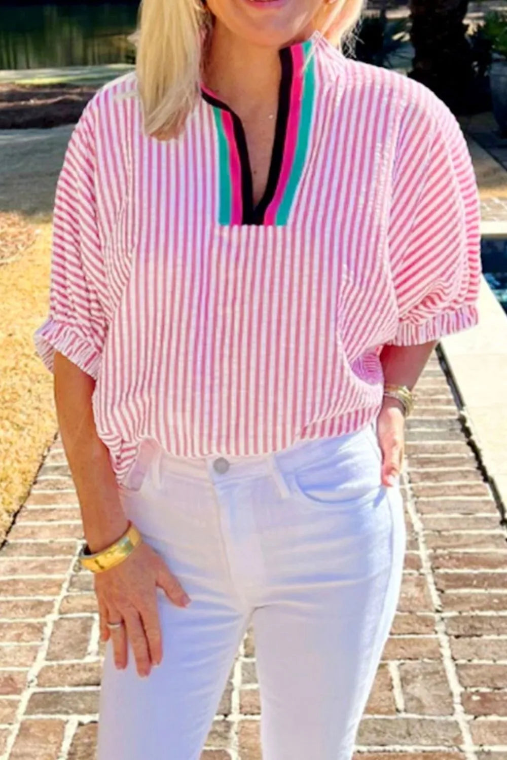 Striped Print Contrast Split Neck Dolman Sleeve Blouse.