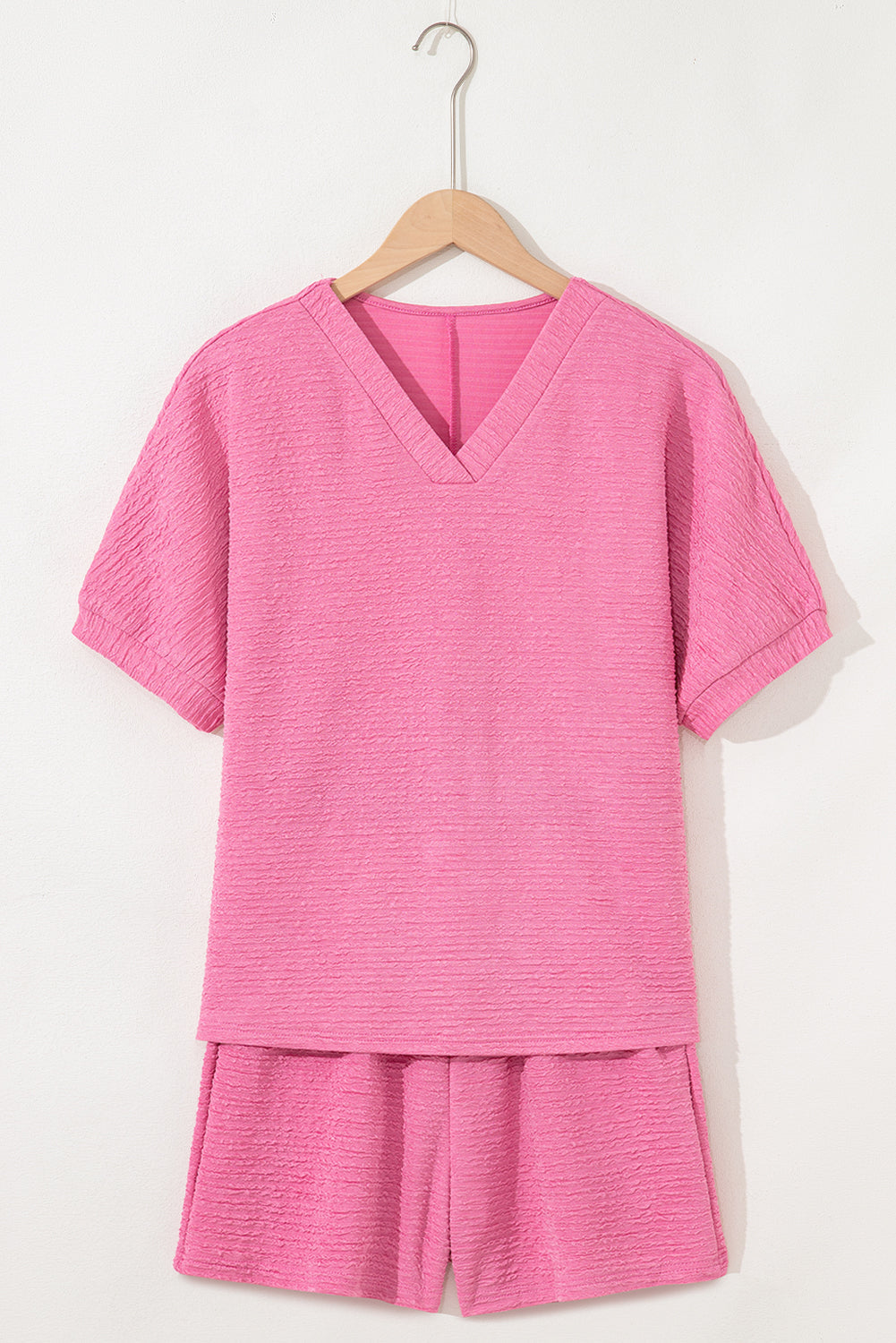 Pink Textured V Neck T Shirt and Shorts Set Dear-Lover Dropshipping