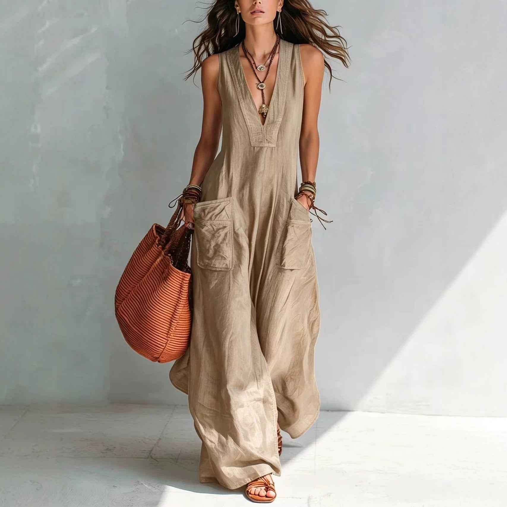 Solid-color Wide-pocket Jumpsuit For Women
