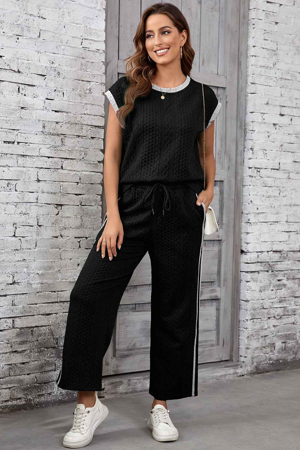 Black Cable Knit Contrast Trim Short Sleeve Top and Pants Set