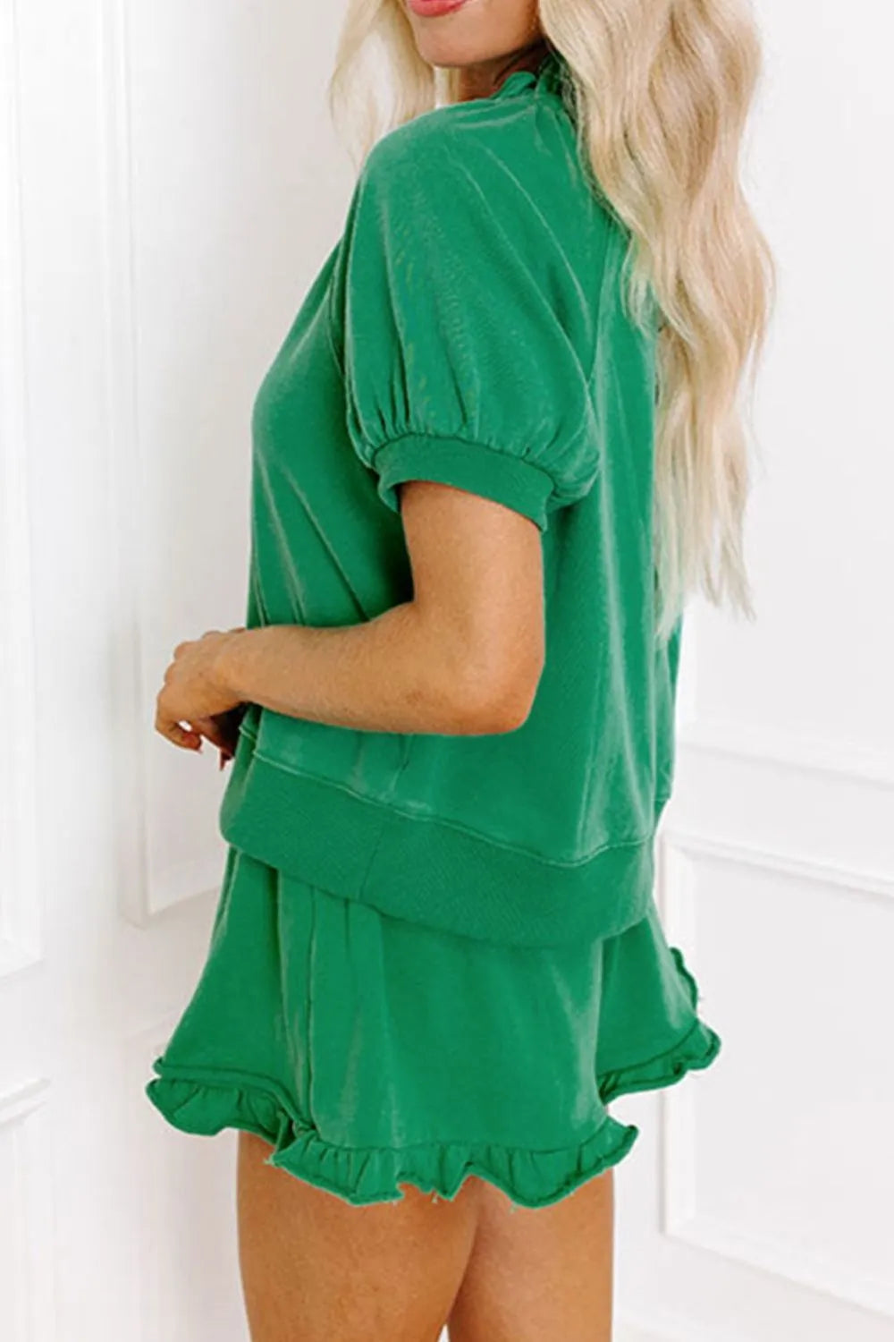 Frill Zip Front Puff Sleeve Top and Skort Set.