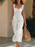 Elegant Cotton-Linen Resort-Style Dress With Wide Straps And Ruffled Hem