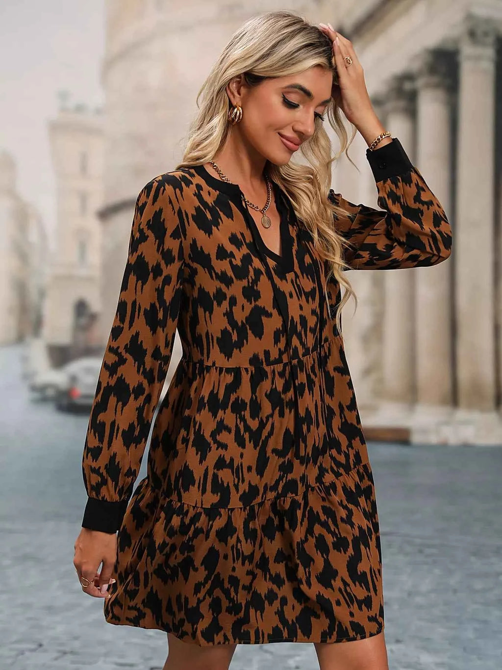 Leopard Tie Neck Long Sleeve Dress