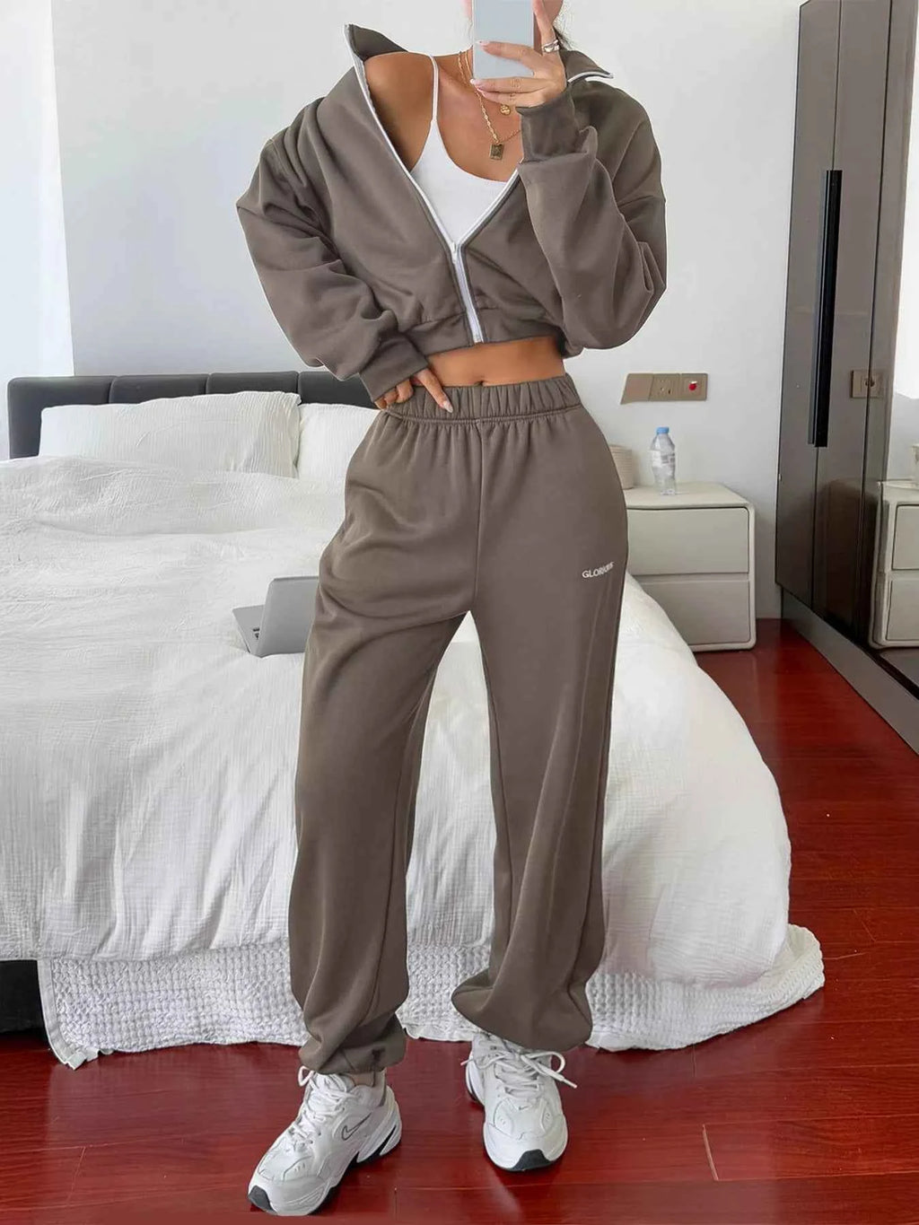 Casual Zipper Front Sweatshirt & Drawstring Pants Set