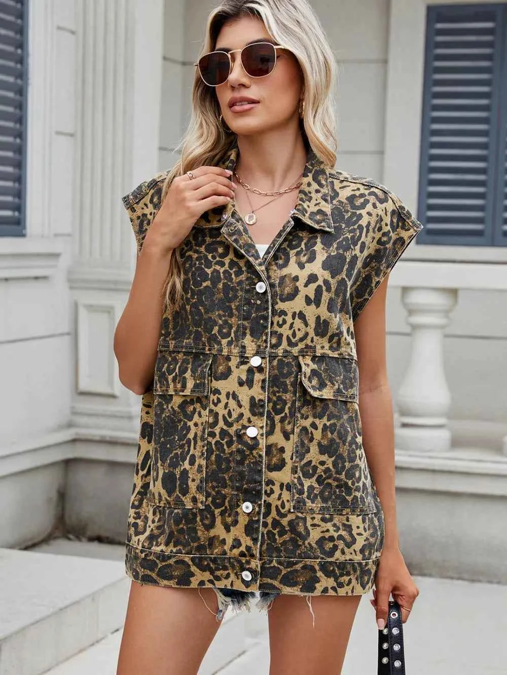 Leopard Buttton Up Denim Vest.