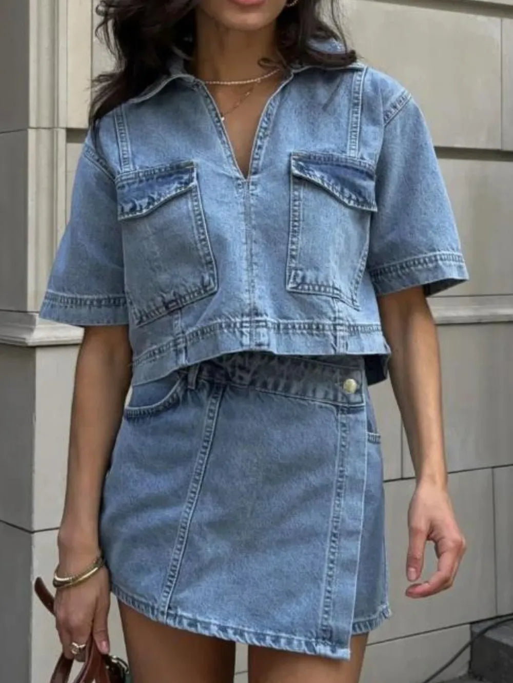 Johnny Collar Short Sleeve Top and Skort Denim Set - CHIC TB