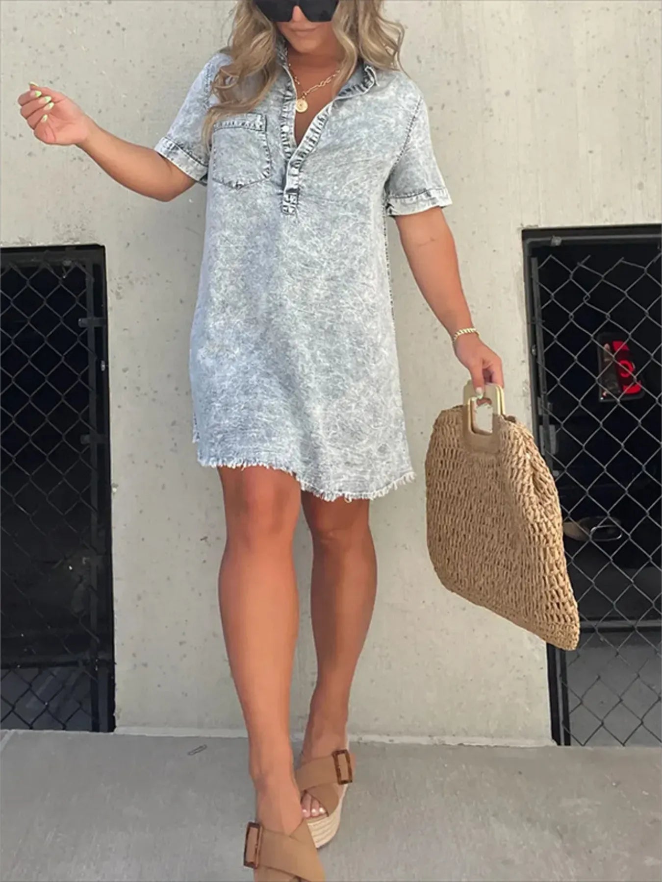 Full Size Raw Hem Short Sleeve Denim Dress Plus Size.