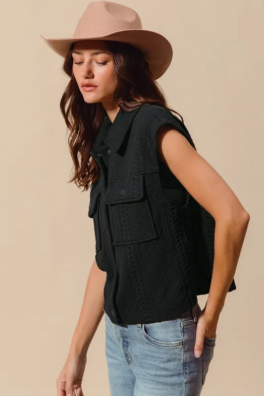 SO ME Cable Quilting Stitch Button Up Knit Vest.