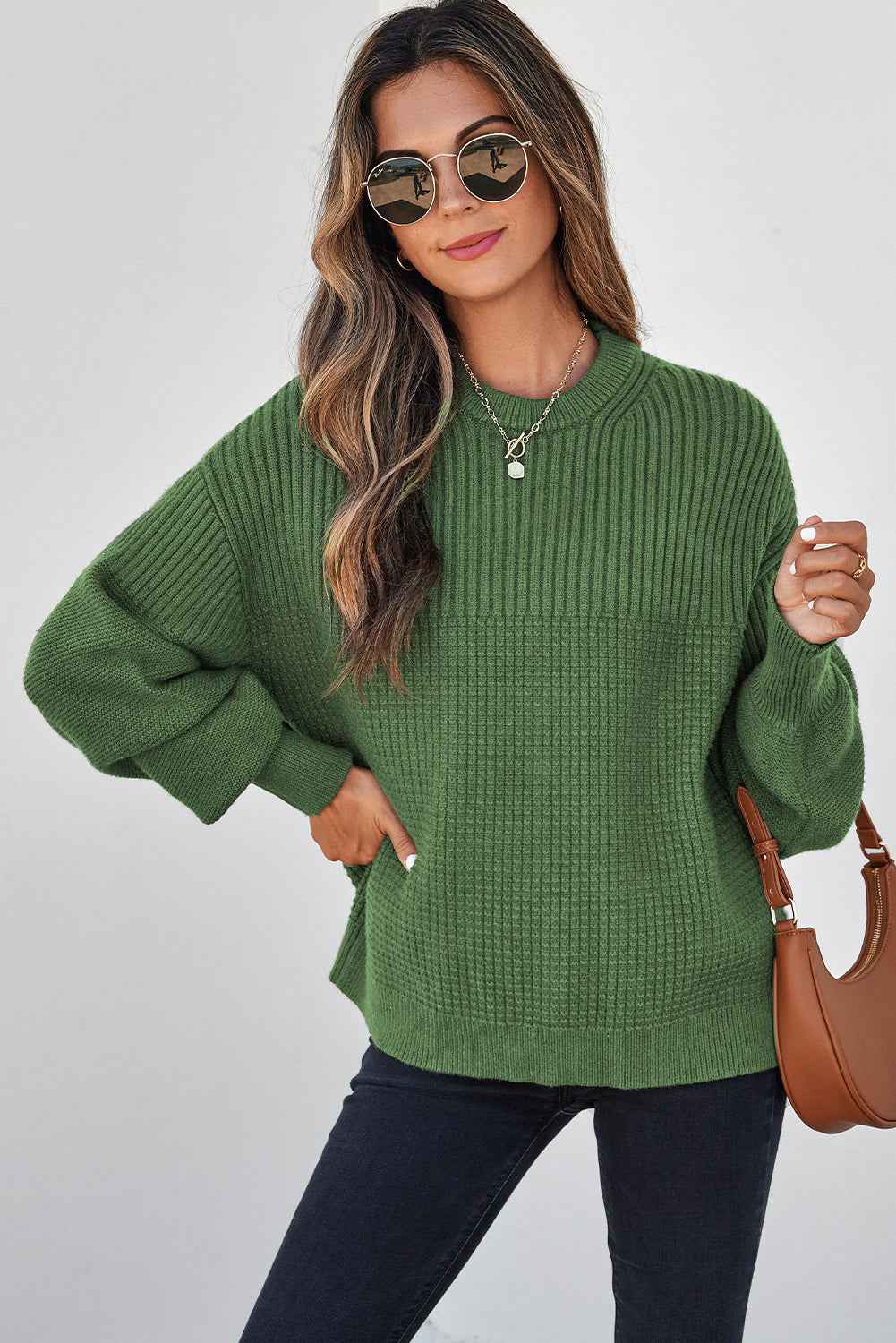 Vineyard Green Solid Color Mixed Textured Knitted Crew Neck Sweater