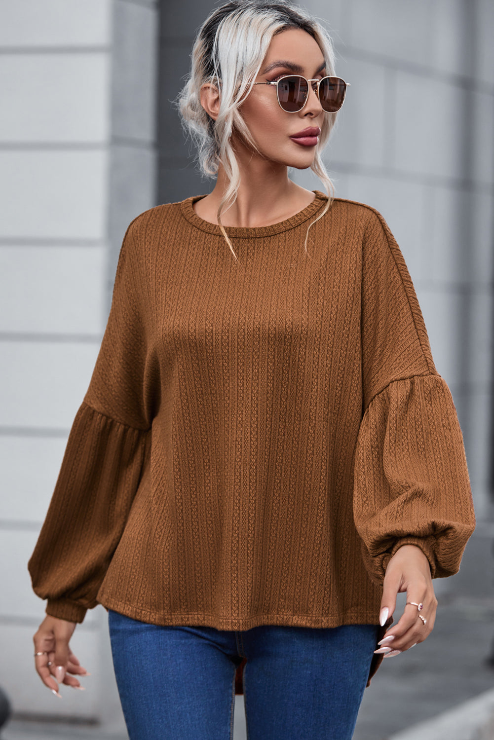 Faux Knit Jacquard Puffy Long Sleeve Top Dear-Lover Dropshipping