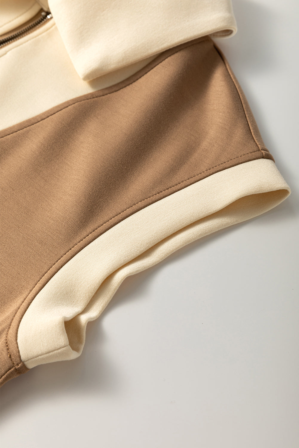 Simply Taupe Half Zipper Collared Colorblock Short Sleeve Top Dear-Lover Dropshipping