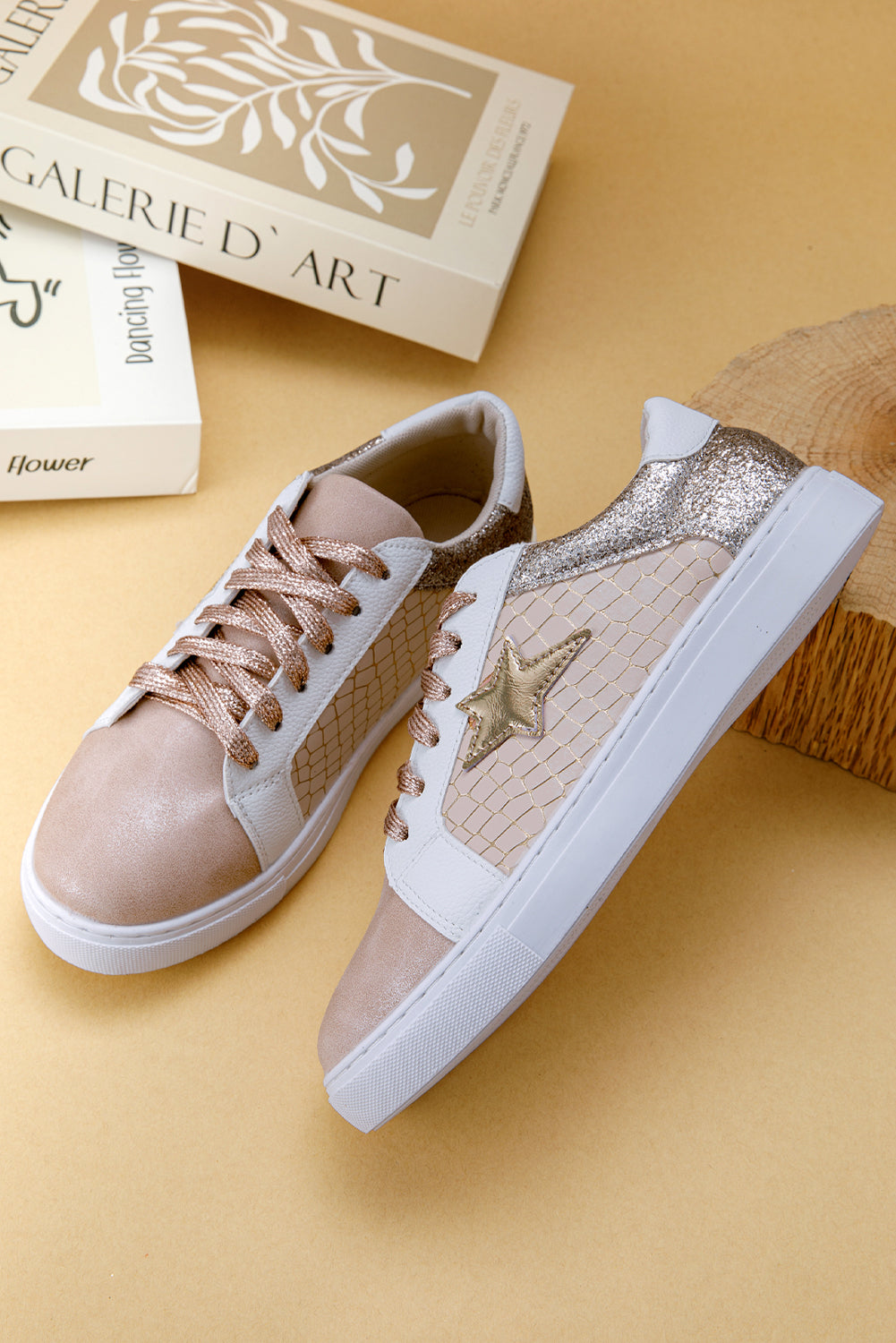 Gold Glitter Star Patchwork PU Leather Lace-up Sneakers Dear-Lover Dropshipping