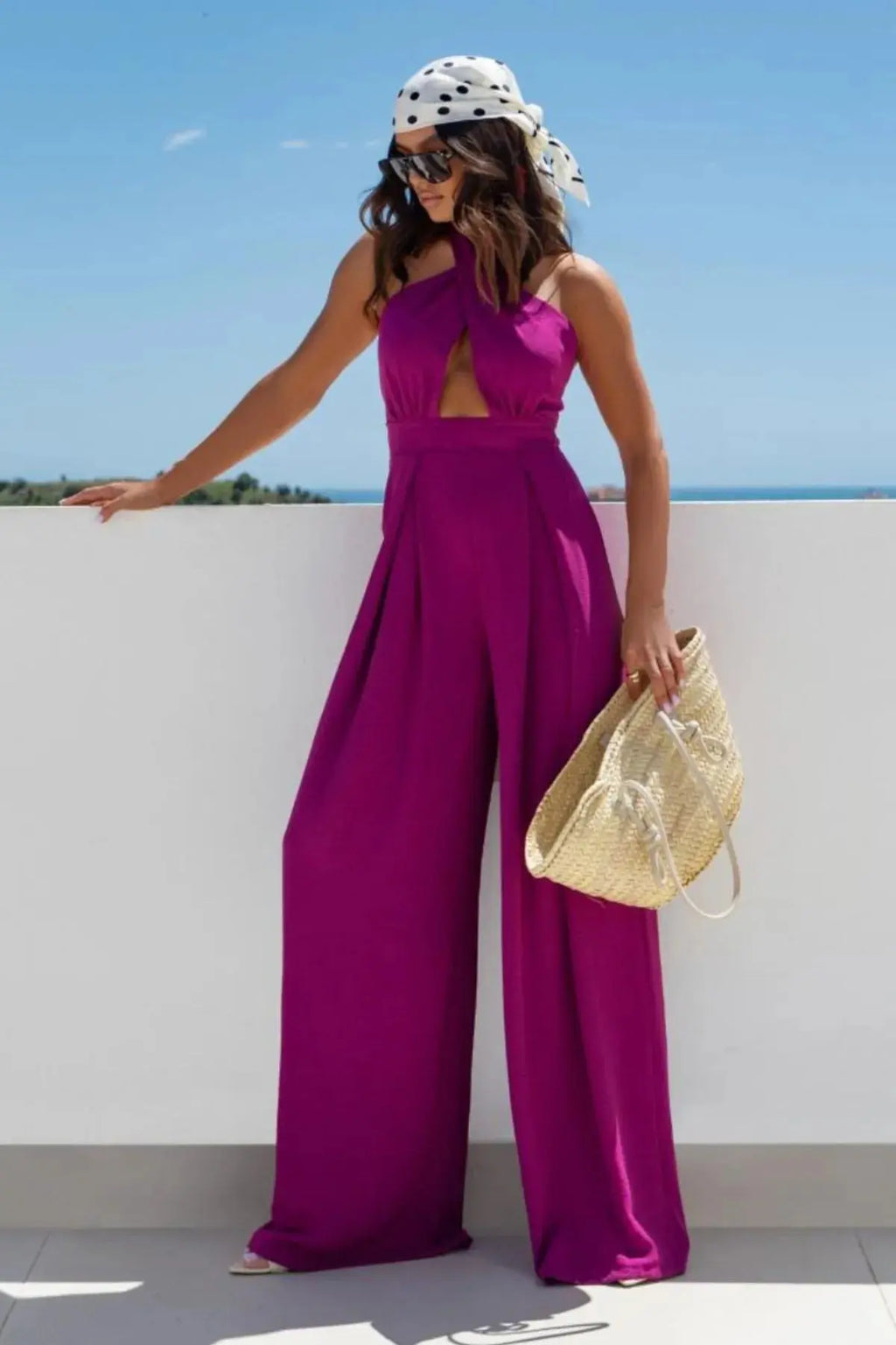 Halter Neck Wide Leg Jumpsuit with Keyhole Detail.
