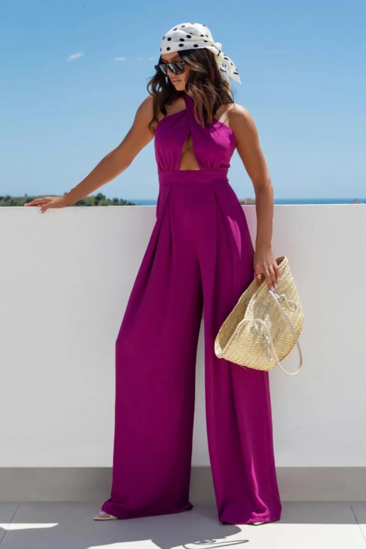Halter Neck Wide Leg Jumpsuit with Keyhole Detail - CHIC TB