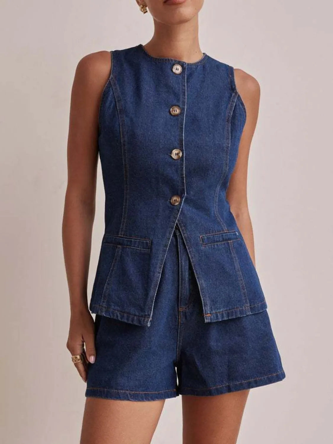 Button Down Vest and Shorts Denim Set.
