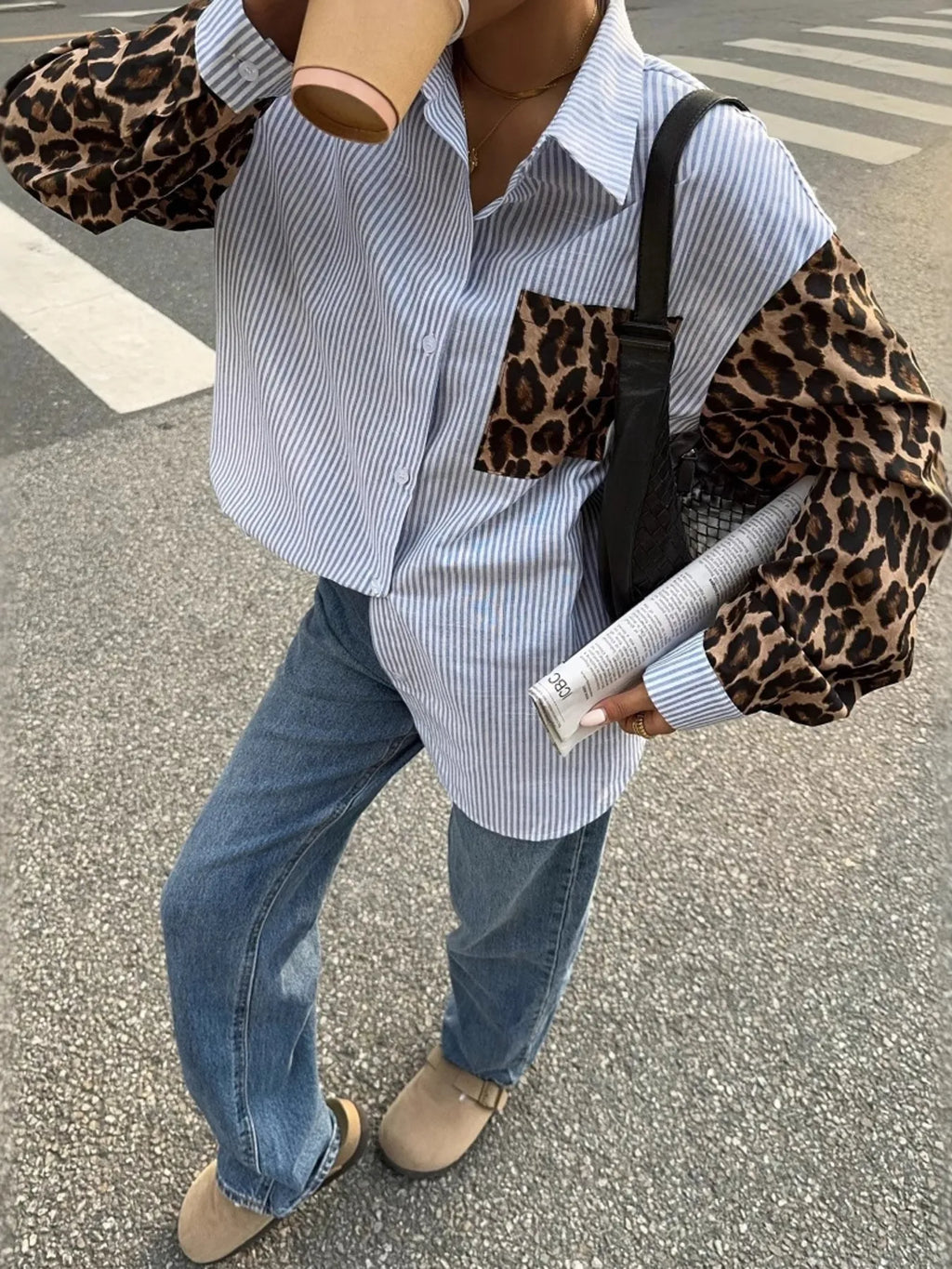 Leopard Print Sleeve Striped Button-Down Shirt.