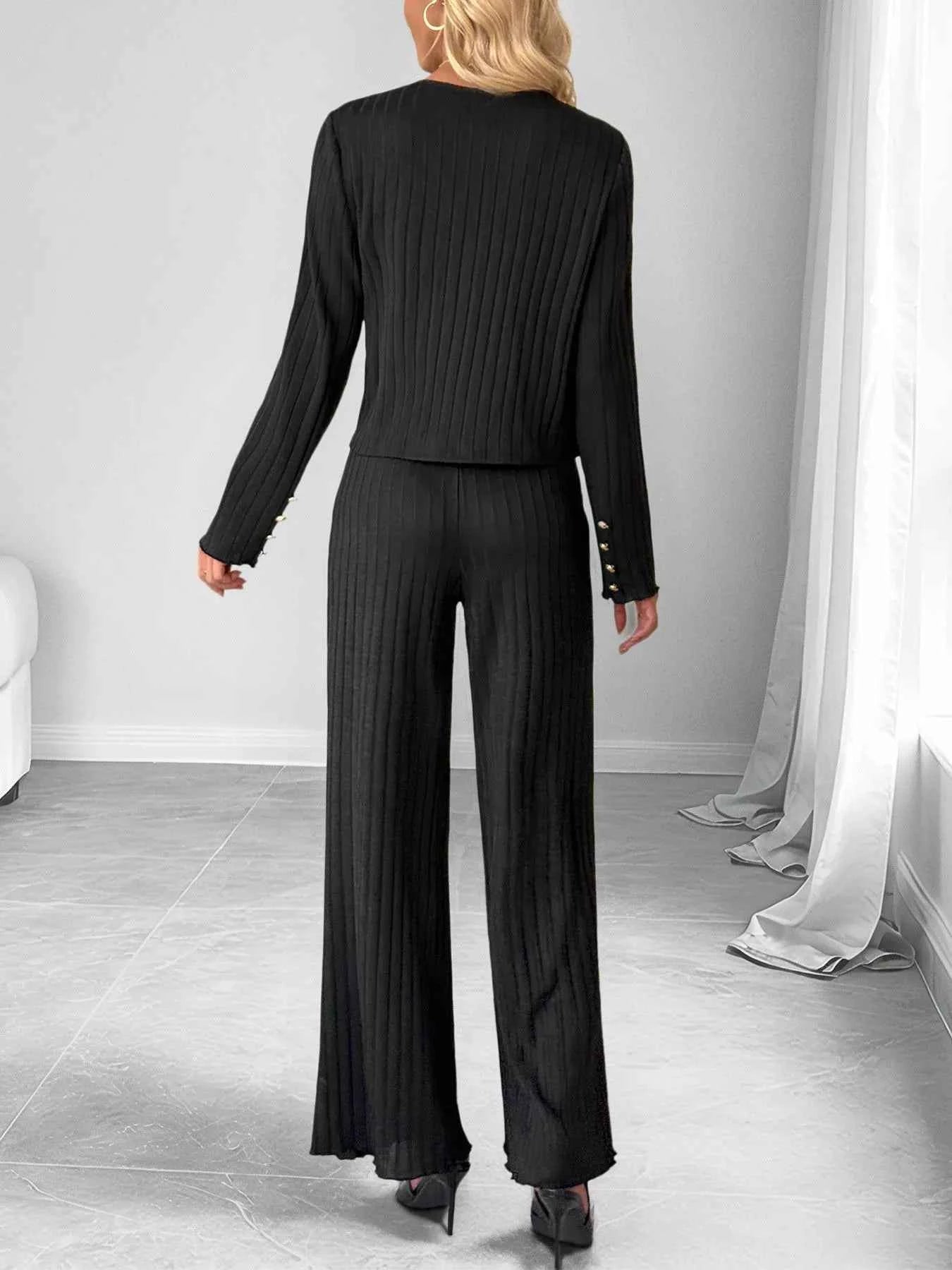 Ribbed Knit Cardigan & Wide Leg Pants Set