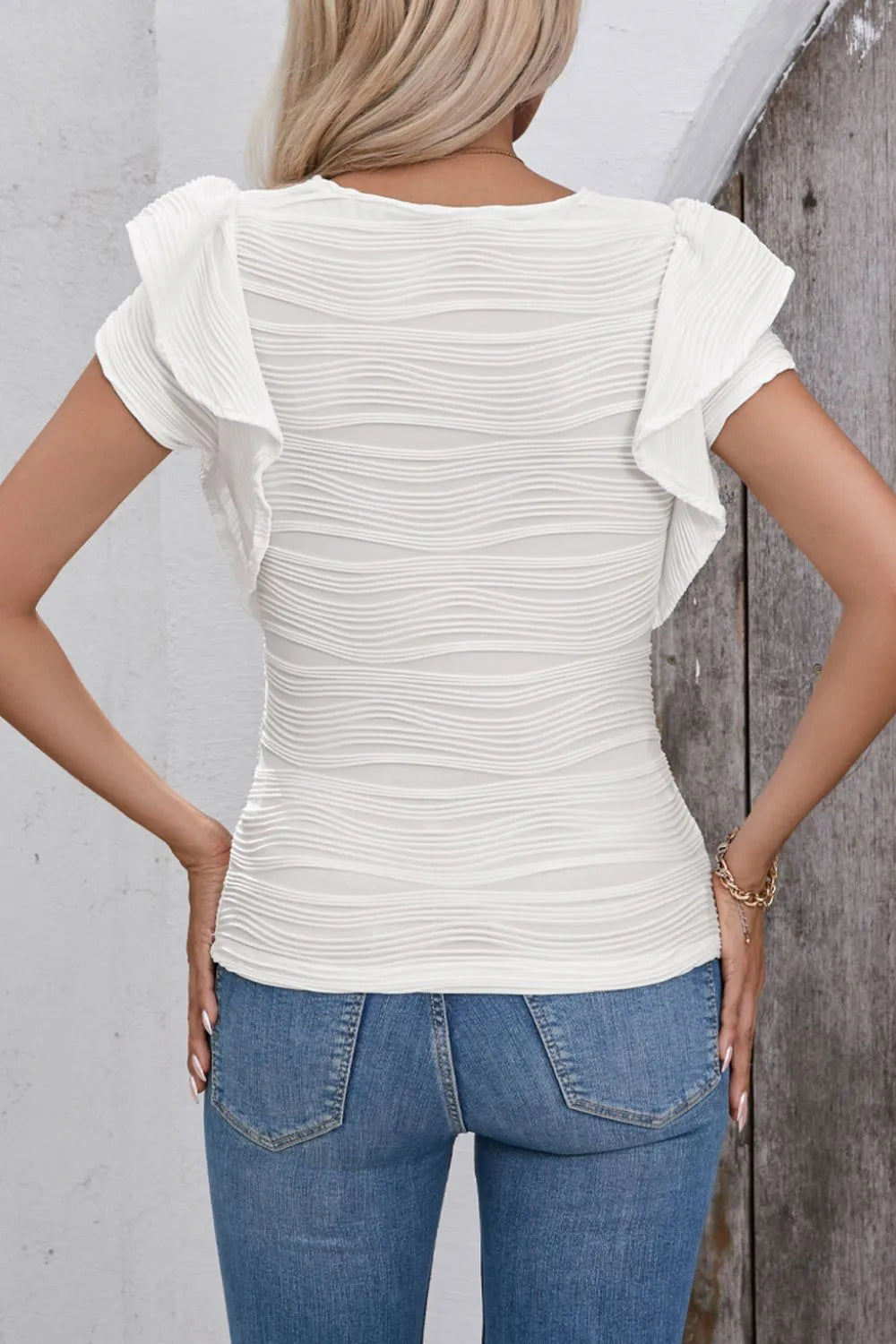 Ruffled Round Neck Textured Top.