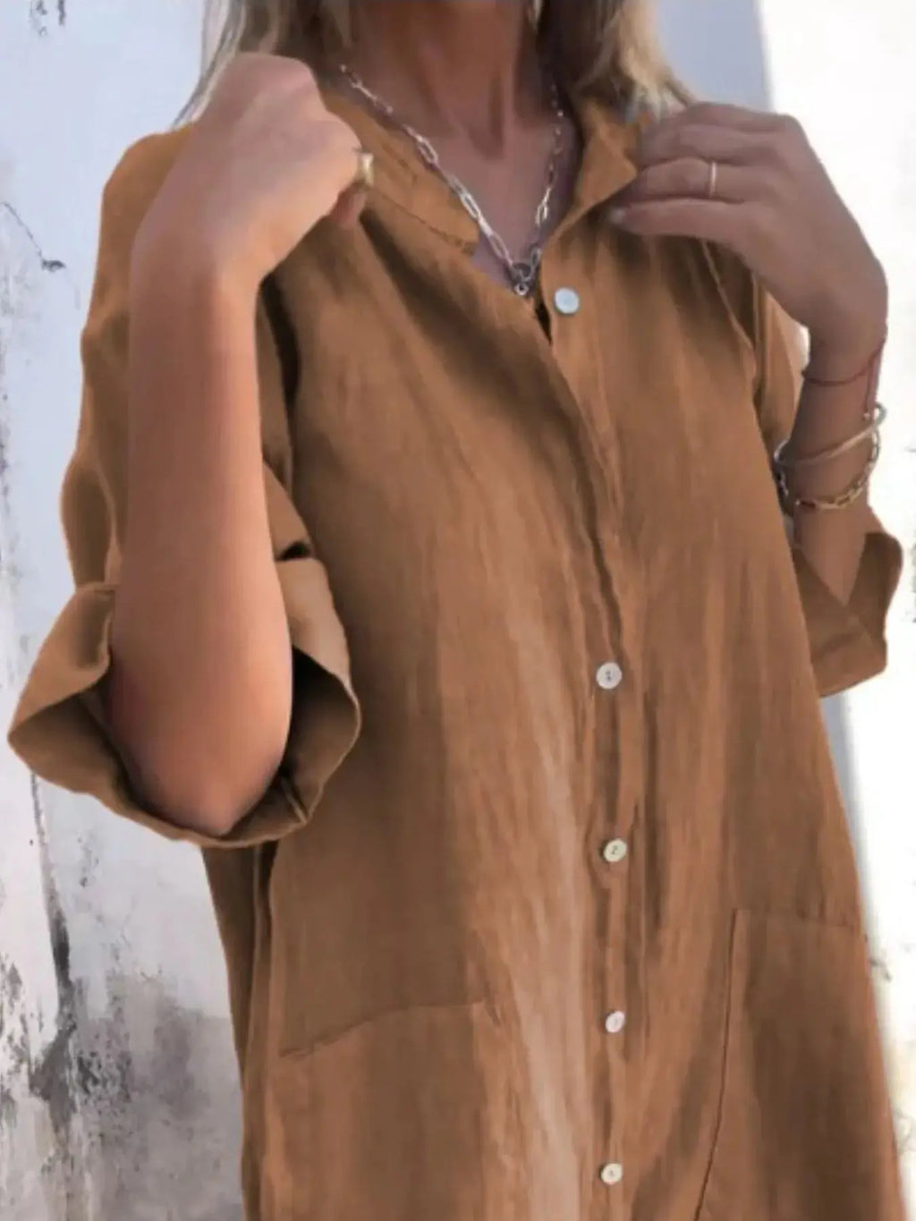 Full Size Casual Linen Button-Down Shirt Dress Plus Size.