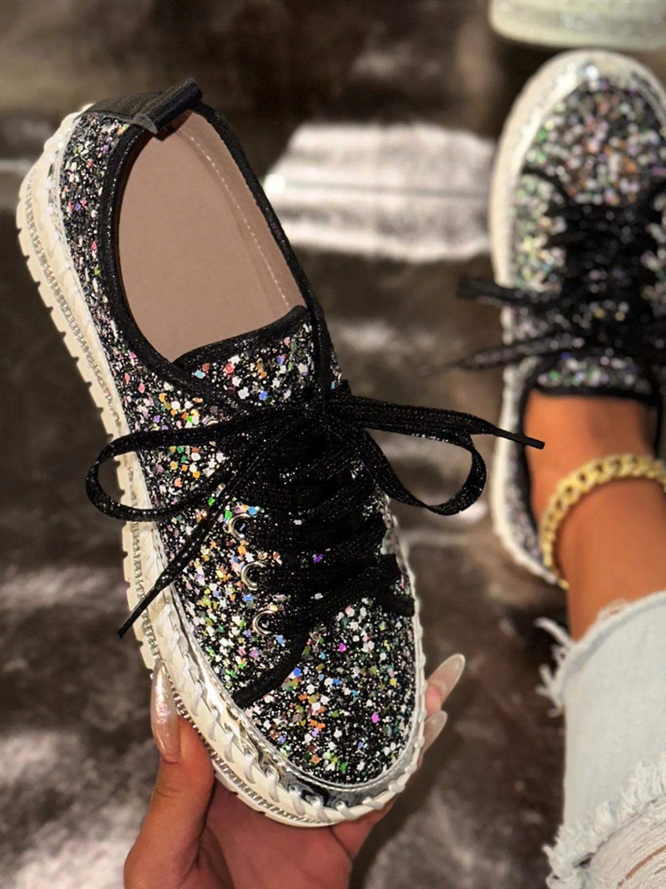 Lace Up Round Toe Platform Sneakers.