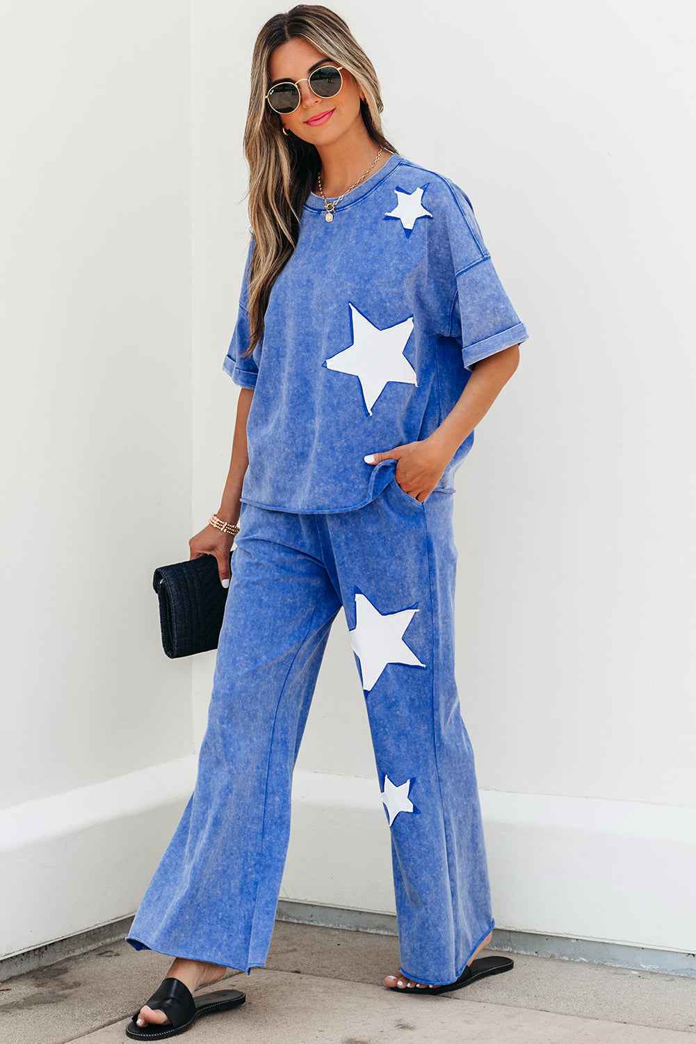 Ashleigh Blue Acid Wash Star Patched Rolled Trim Pants Set
