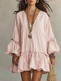 Womens Striped Print V-Neck Long-Sleeve Dress