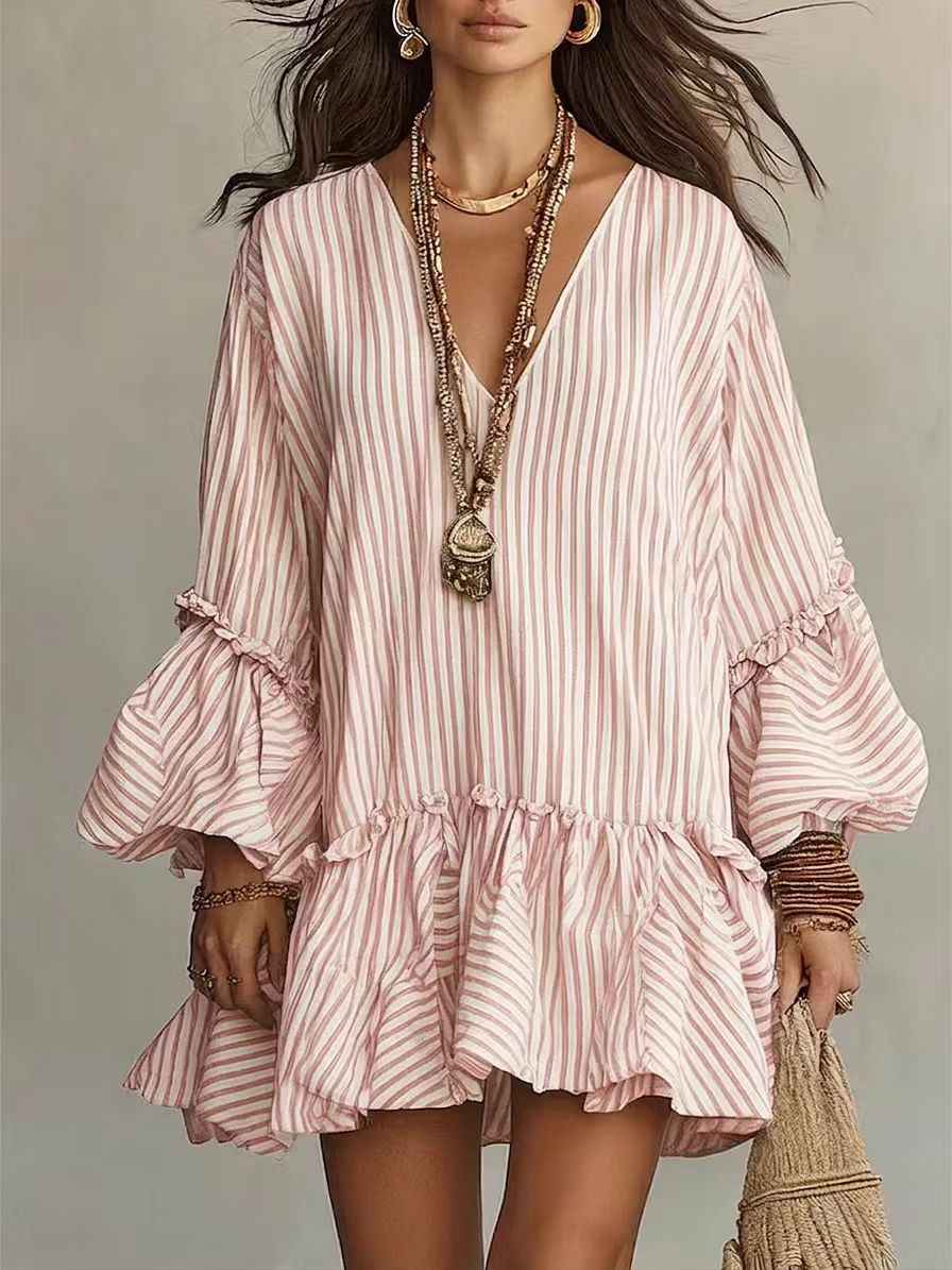 Womens Striped Print V-Neck Long-Sleeve Dress