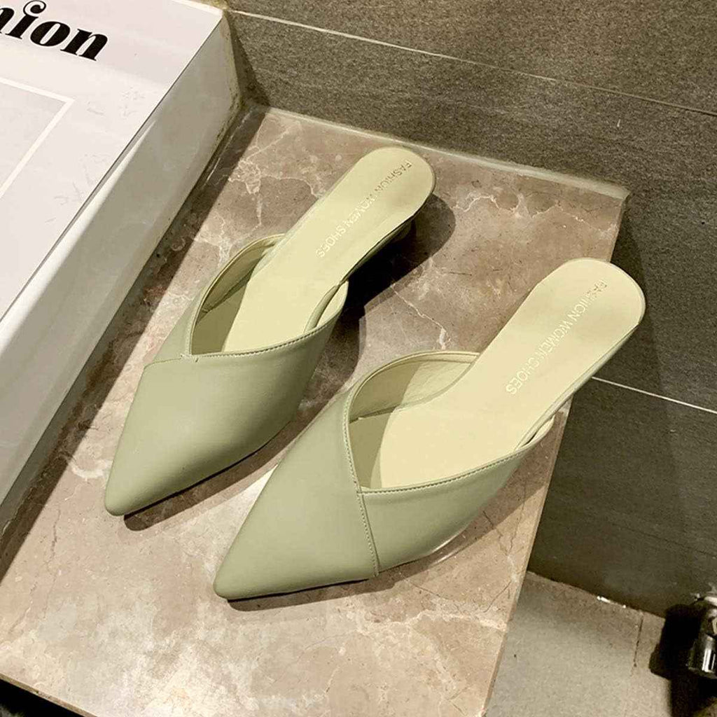 Hello Shero Comfortable Low Heel Mules Closed Pointed Toe Slip on Pumps Soft Synthetic Leather Dress Shoes Casual Daily Wear