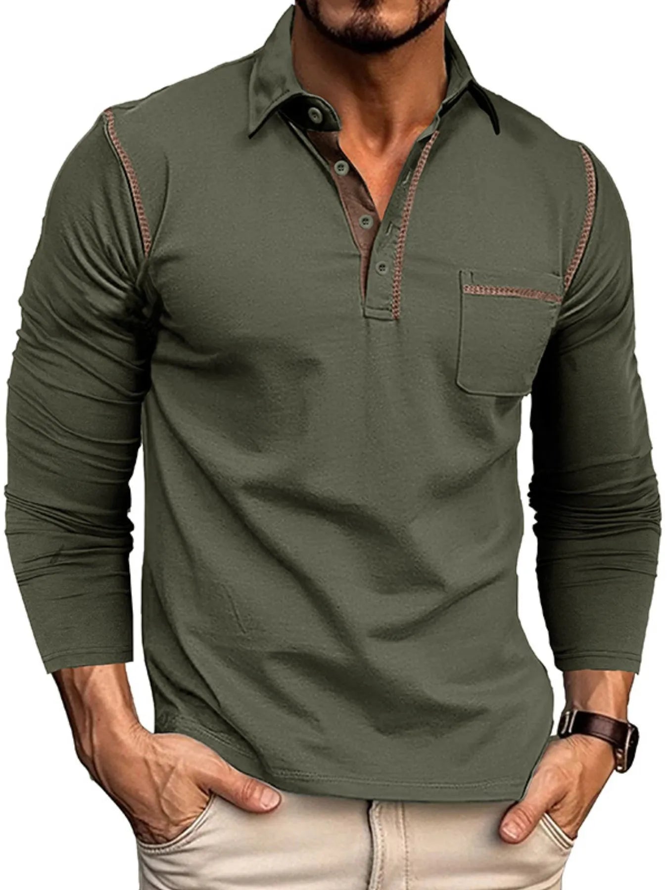 Men's Long Sleeve Polo Shirt with Contrast Stitching.