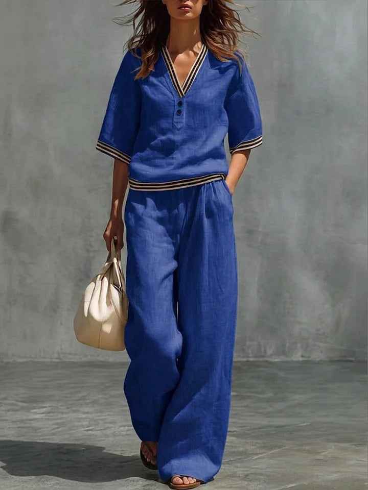 Cotton-Linen V-Neck Casual Comfortable Short-Sleeve Shirt And Pants Set