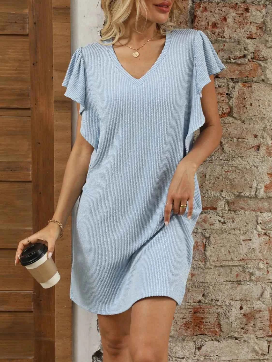 Ruffled V-Neck Cap Sleeve Mini Dress.