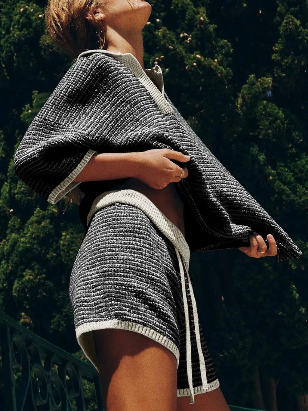 V neck Top and Shorts Sweater Set.