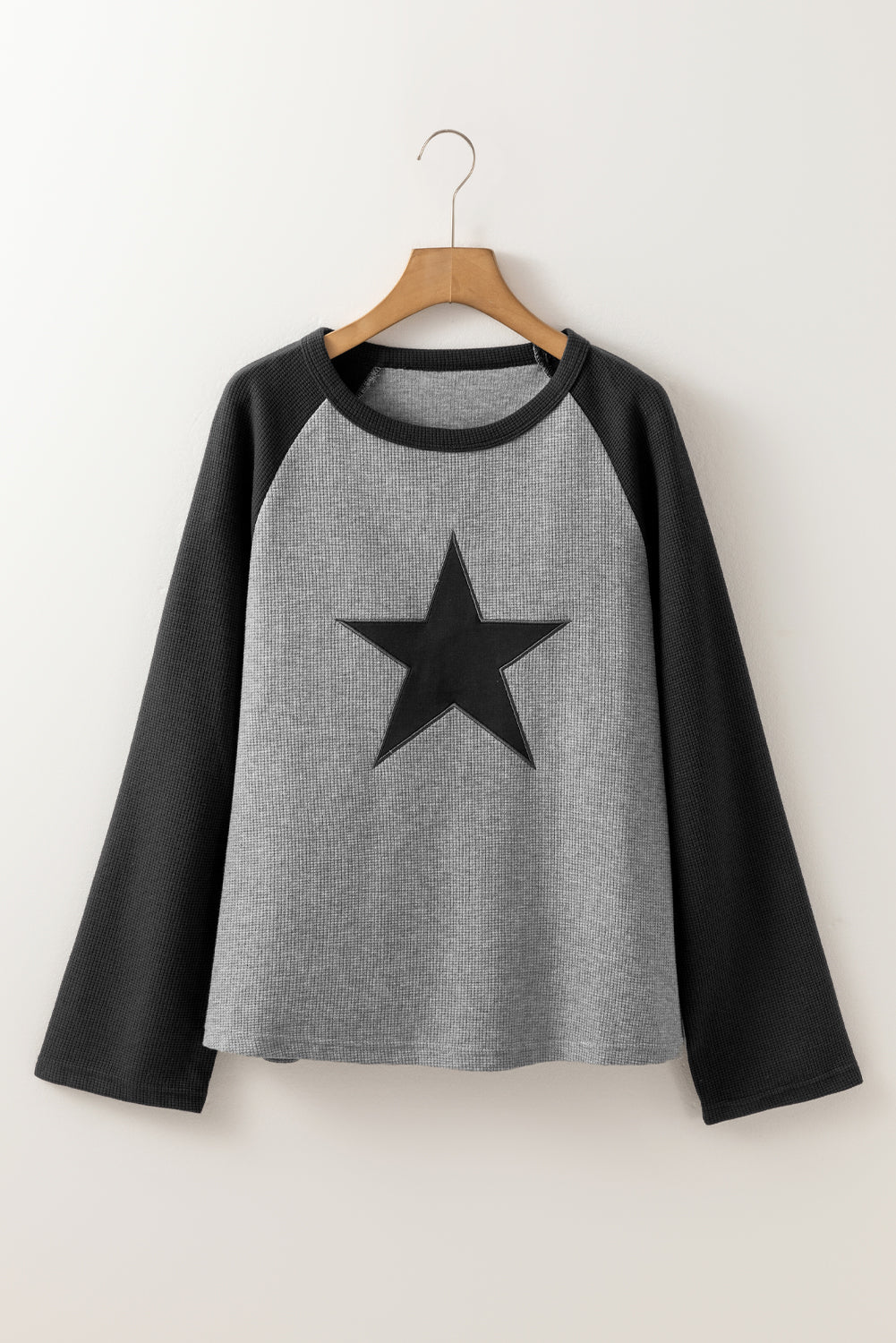 High Waffle Knit Colorblock Star Patch Graphic Raglan Top Dear-Lover Dropshipping