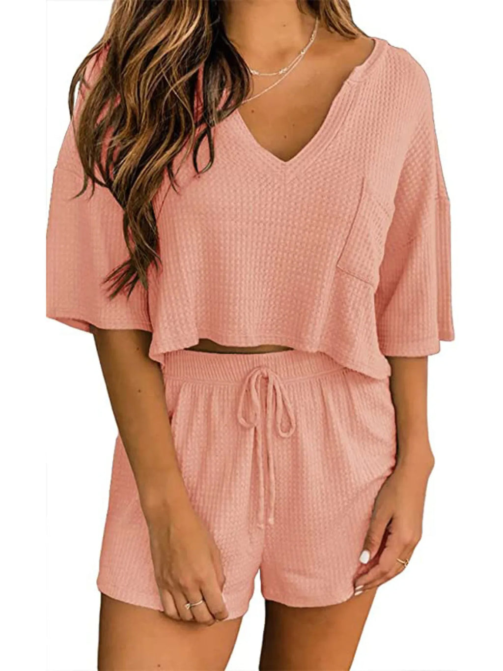 V-neck Knit Top and Shorts Lounge Set.
