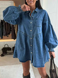 Button Down Mini Denim Dress with Front Pockets