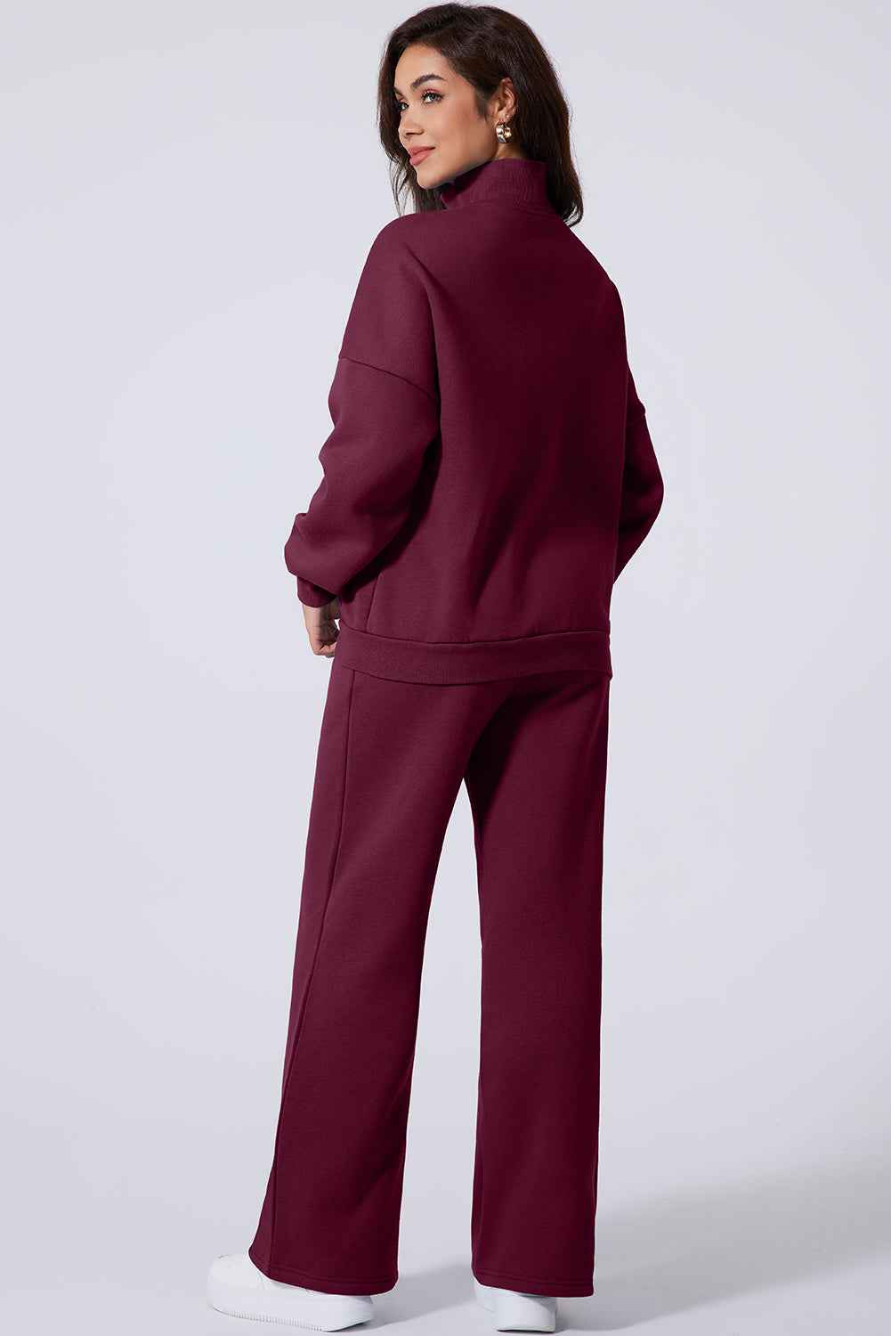 Burgundy Drop Shoulder Zip Up Jacket Drawstring Pants Active 2pcs Set