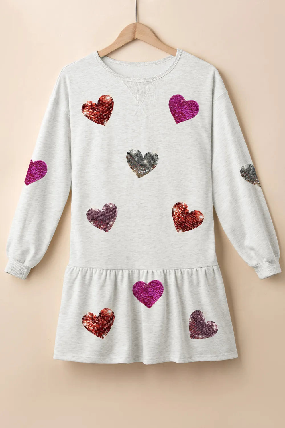 Sequin Heart Round Neck Long Sleeve Mini Dress.