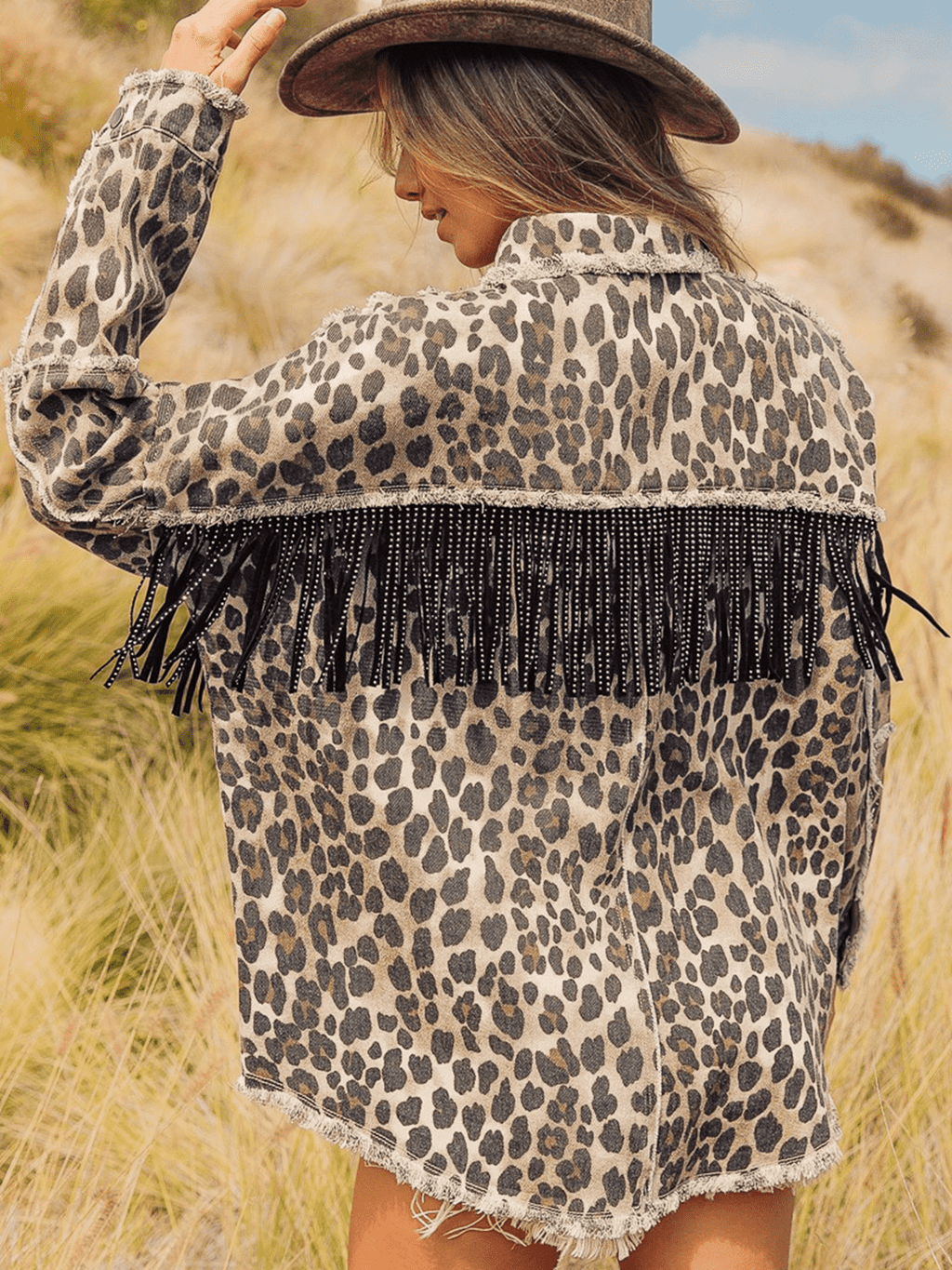 Leopard Fringe Detail Collared Neck Denim Jacket.