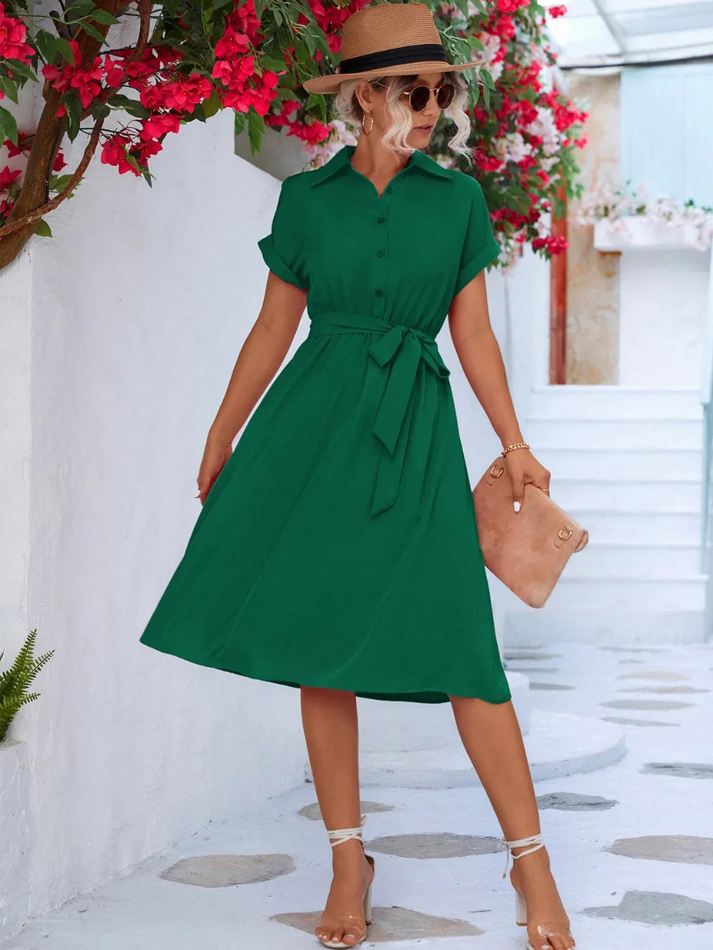 Buttoned Tie Waist Short Sleeve Dress.
