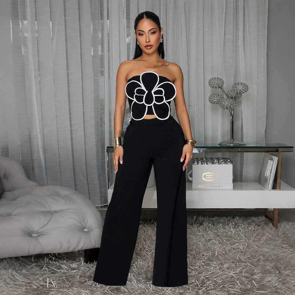 Two-piece Set Solid-color Top Paired With Wide-leg Trousers