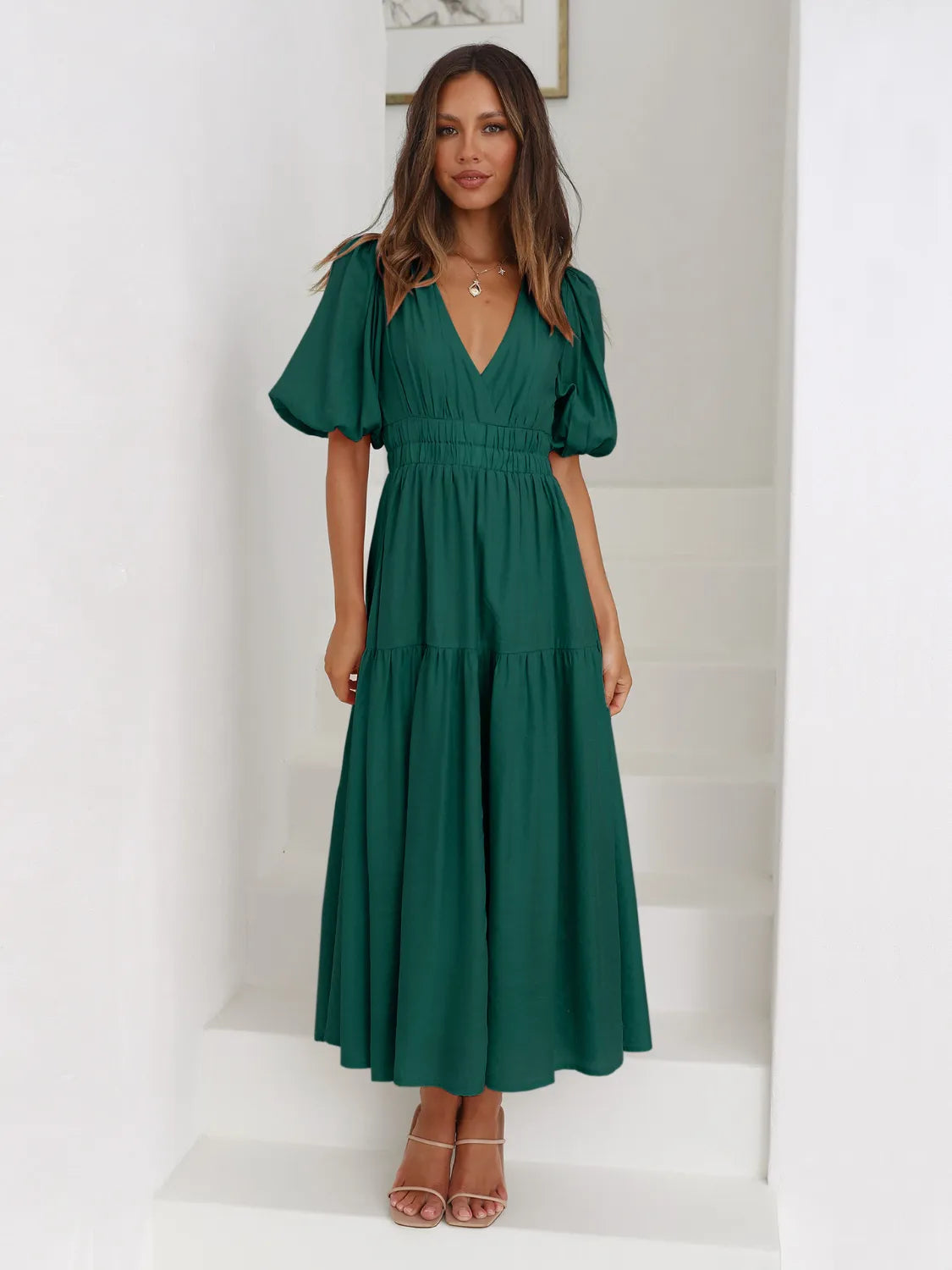 Tiered Surplice Half Sleeve Midi Dress.