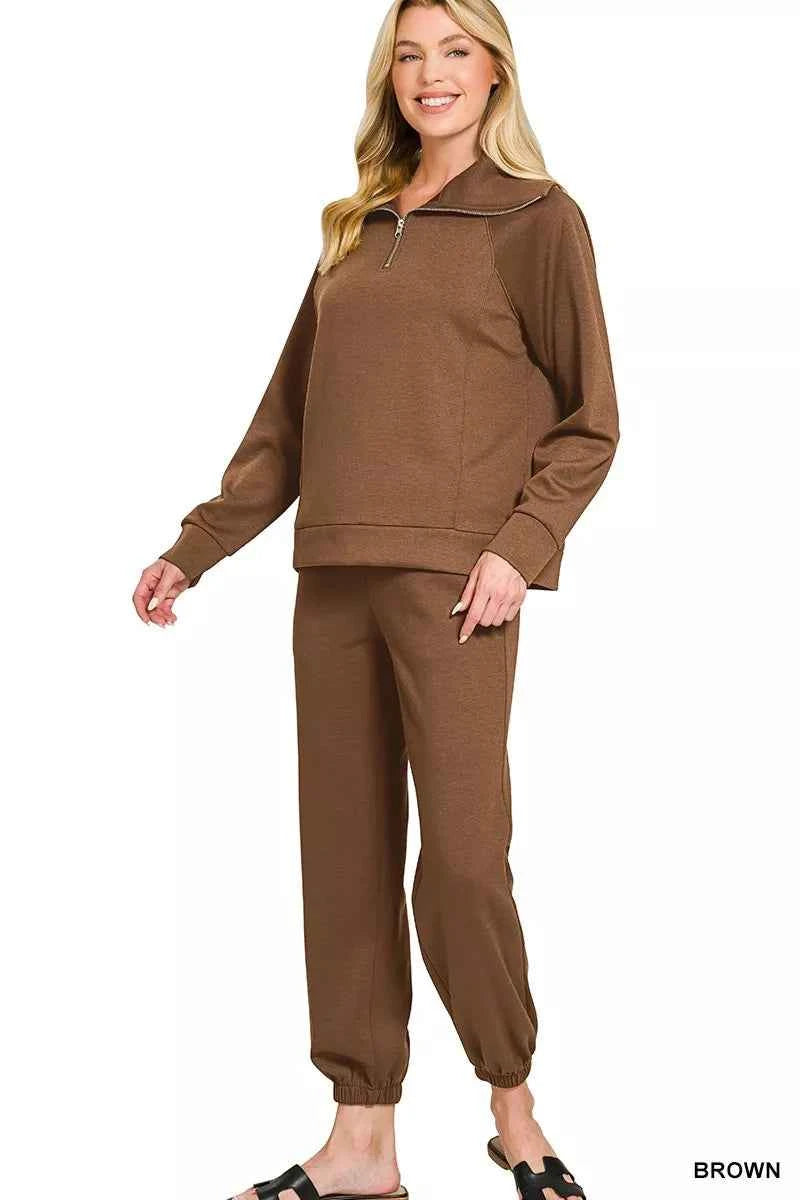 Zenana Scuba Half Zip Sweatshirts and Joggers Set
