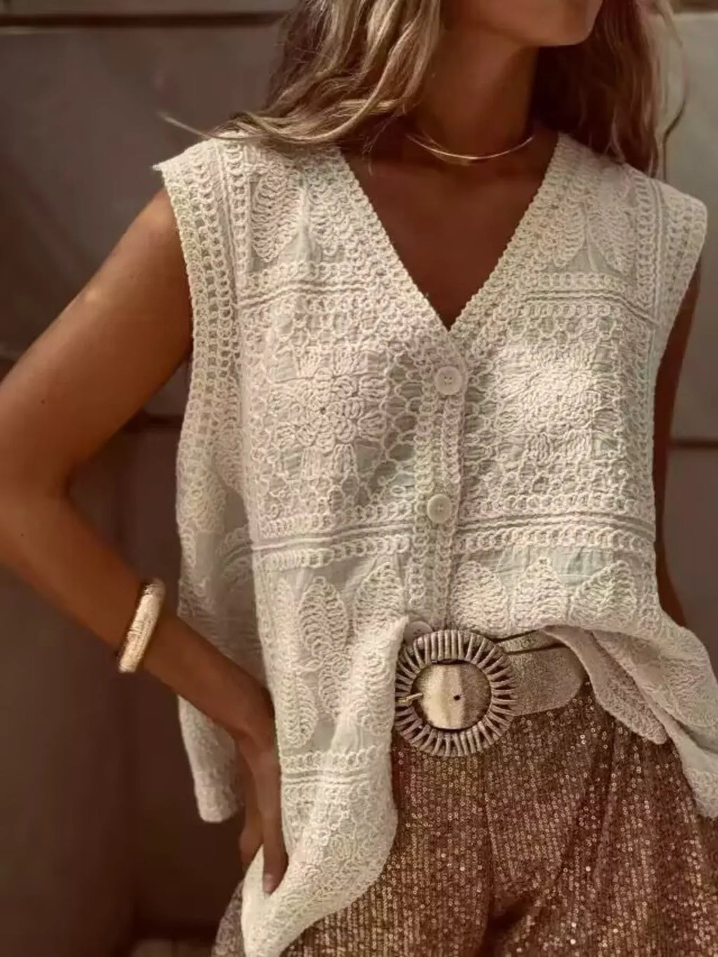 Crochet Lace V-Neck Vest.