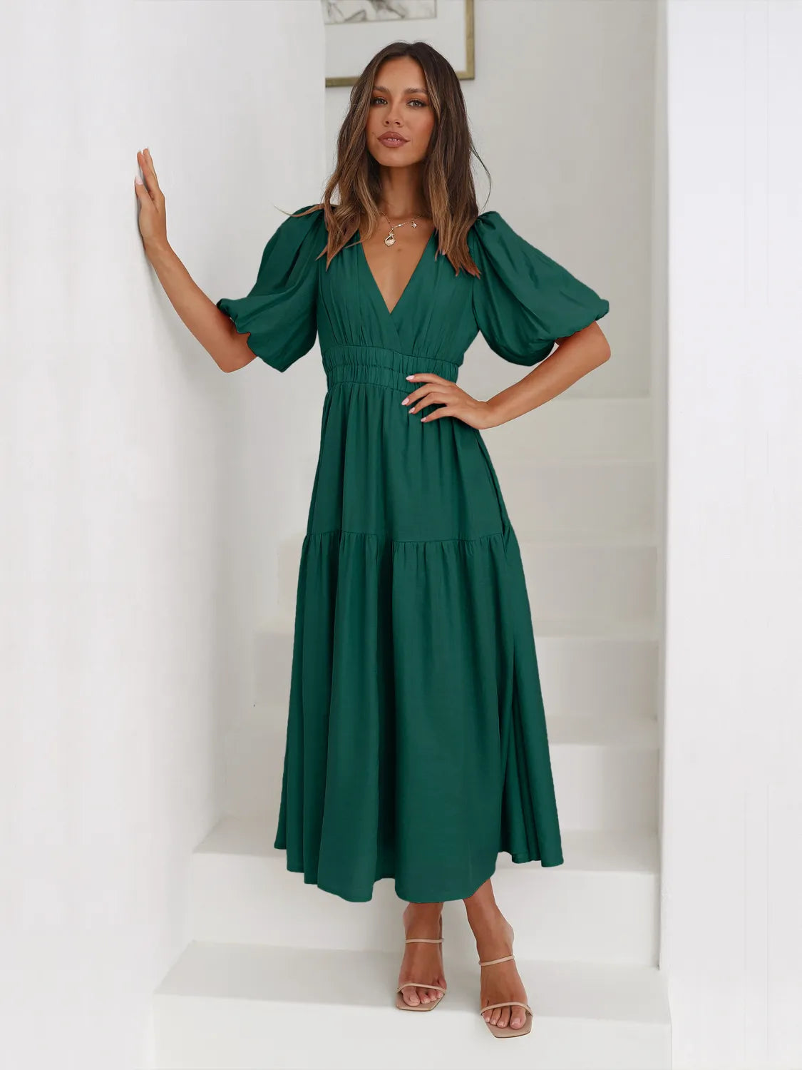 Tiered Surplice Half Sleeve Midi Dress.