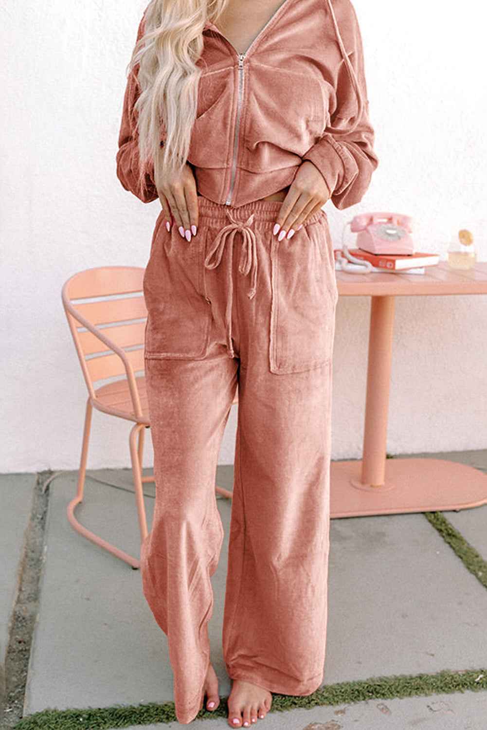 Peach Blossom Velvet Zip-up Hoodie and Wide Leg Pants Set