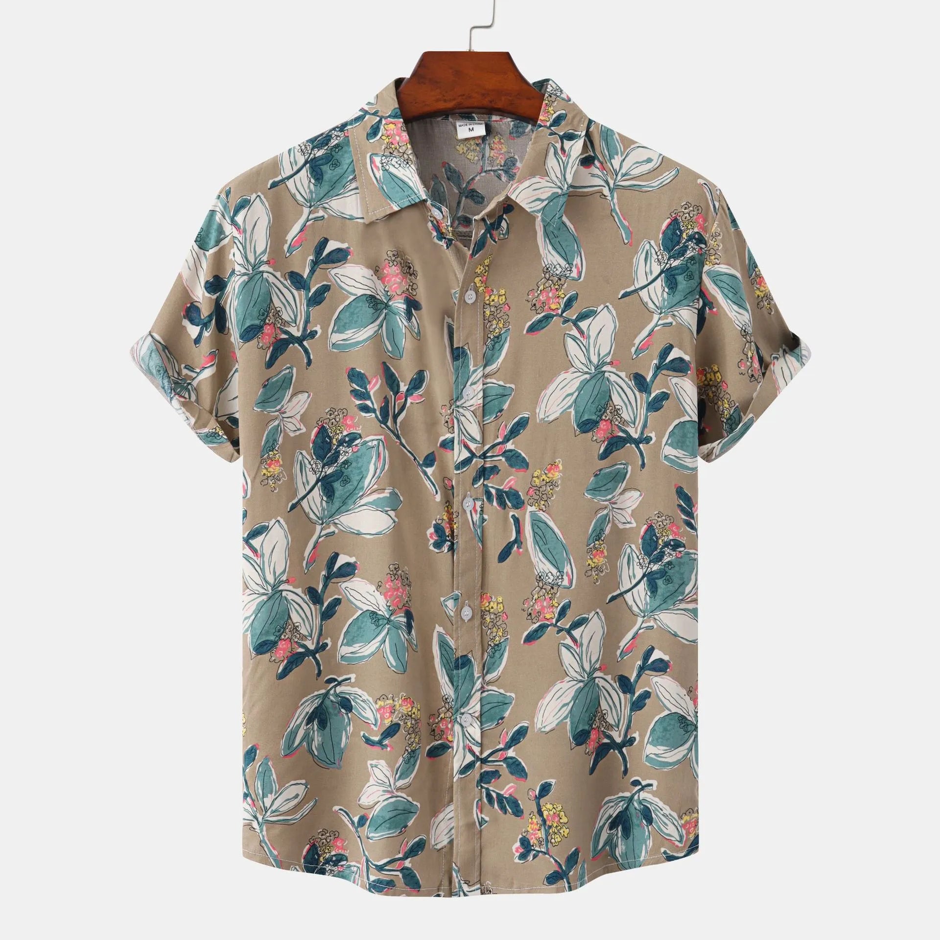 Men's Plus Size Floral Print Short Sleeve Button-Up Shirt.