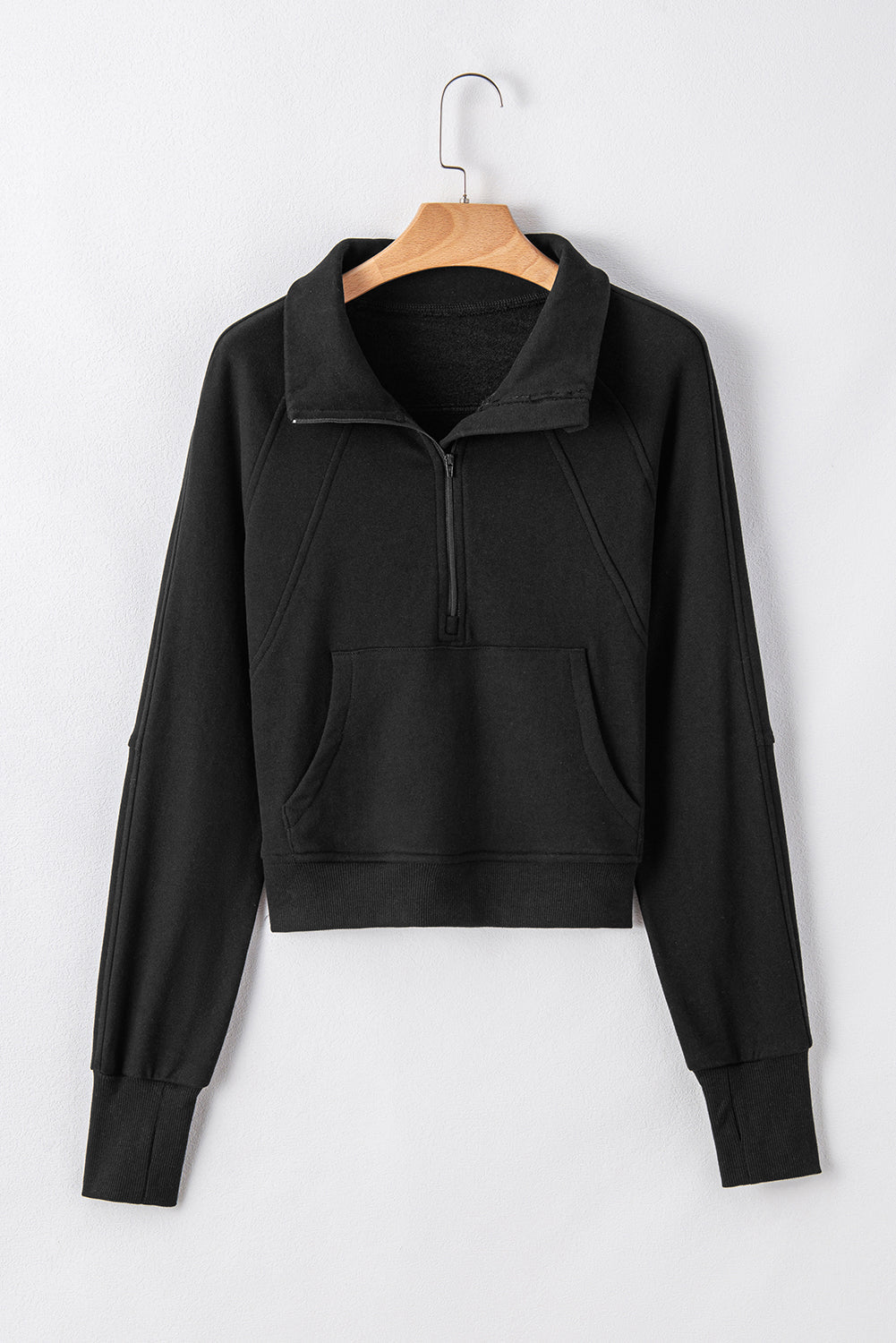 Black Fleece Lined Zip Up Stand Collar Thumbhole Sleeve Sweatshirt Dear-Lover Dropshipping