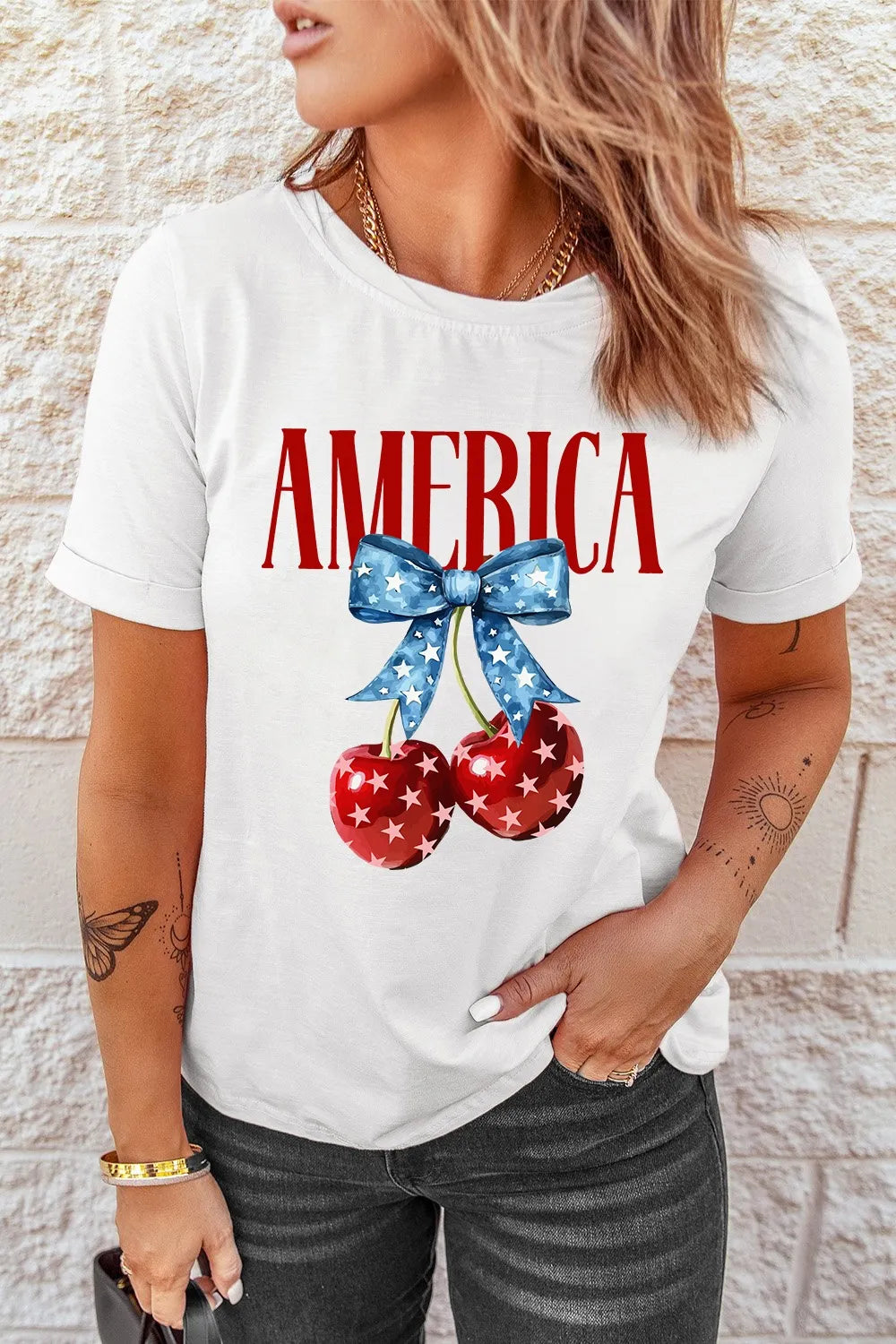 AMERICA Bow Cherry Crewneck T Shirt.